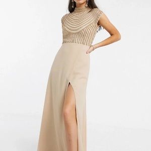 ASOS DESIGN maxi linear embellished bodice dress with high neck and wrap skirt